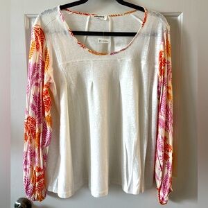 Mittoshop Boho Top, S, Cream w/ printed sleeves, gauzy, linen blend NWT